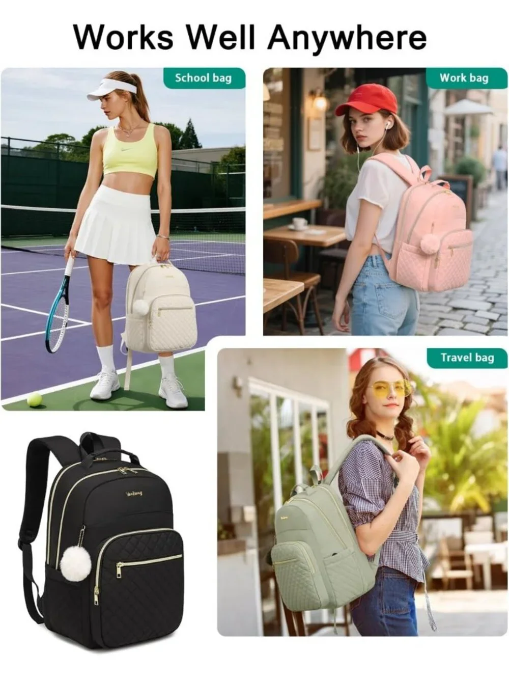 Cute Teen Girls School Backpack, Laptop Bag with Charging Hole for Work